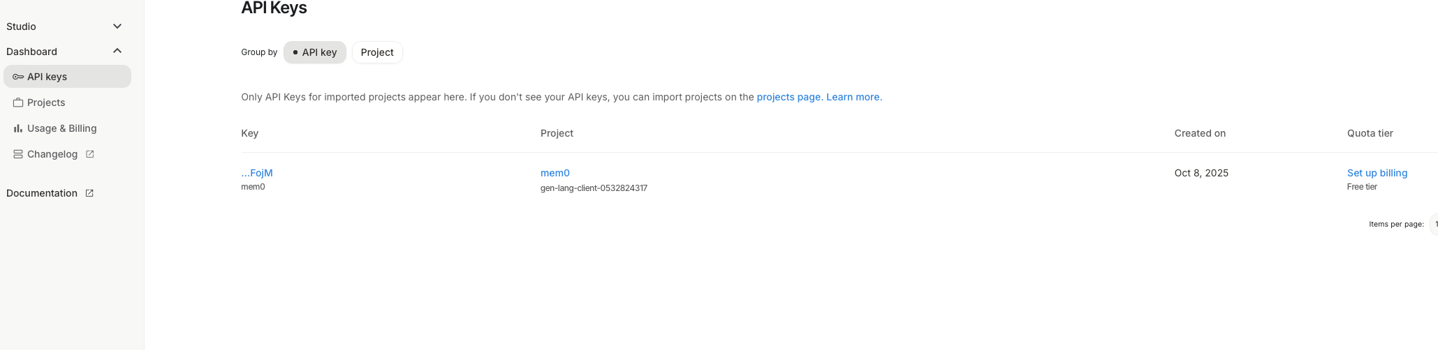 Google AI Studio API key creation page for Gemini LLM integration with LangGraph