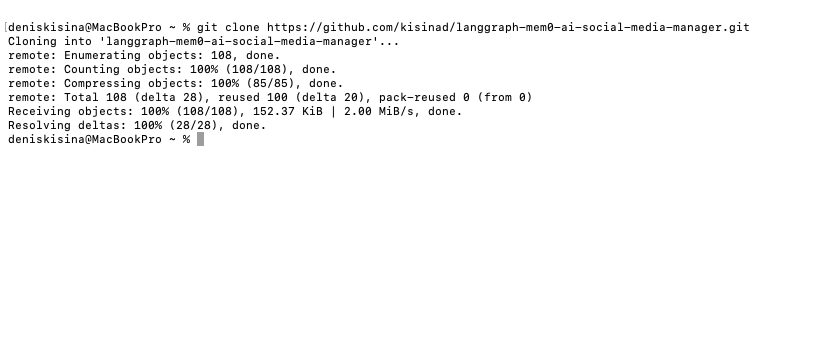 Git clone output showing successful repository download for LangGraph Mem0 social media manager