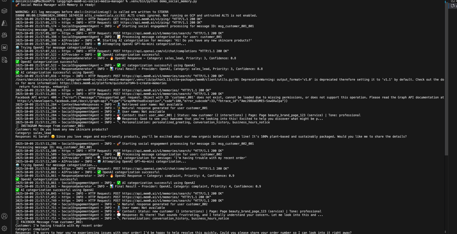 AI social media manager console output showing message categorization and memory retrieval results