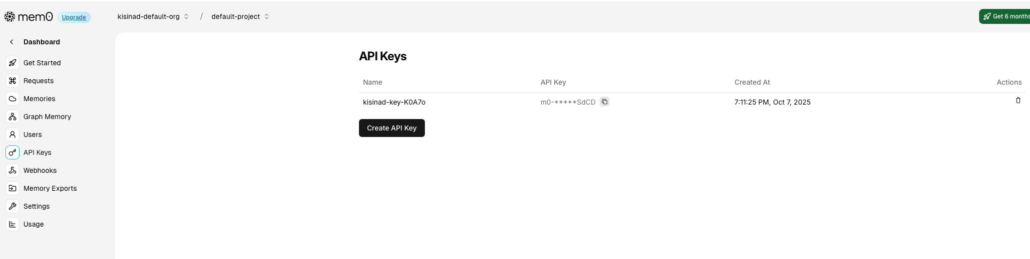 Mem0 platform dashboard showing API keys section for memory integration setup