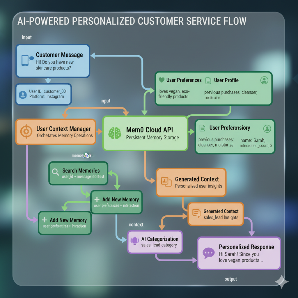 Memory Enabled Agent Architecture diagram showing a LangGraph agent integrated with Mem0 persistent memory.