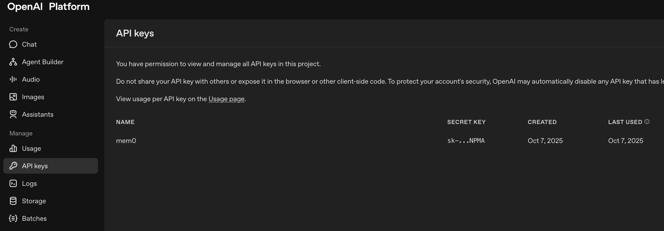OpenAI platform API keys page showing create new secret key button for LLM integration