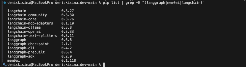 Terminal output showing successful installation of LangGraph, Mem0, and LangChain packages